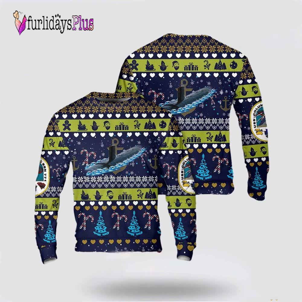 US Navy USS Columbia (SSN-771) Christmas AOP Sweater 3D, Gift For Military Personnel