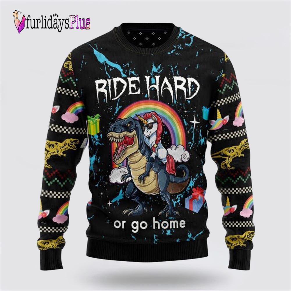 Unicorn Dinosaur Unicorn Ride Hard Ugly Christmas Sweater, Best Gift For Christmas
