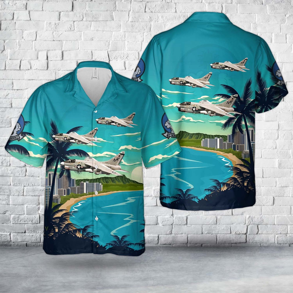 Us Navy Hawaiian Shirt, US Navy A-7E Corsair II (VA-27 CVW-14) Attack Squadron 27 (ATKRON 27) VA-27 Royal Maces Hawaiian Shirt