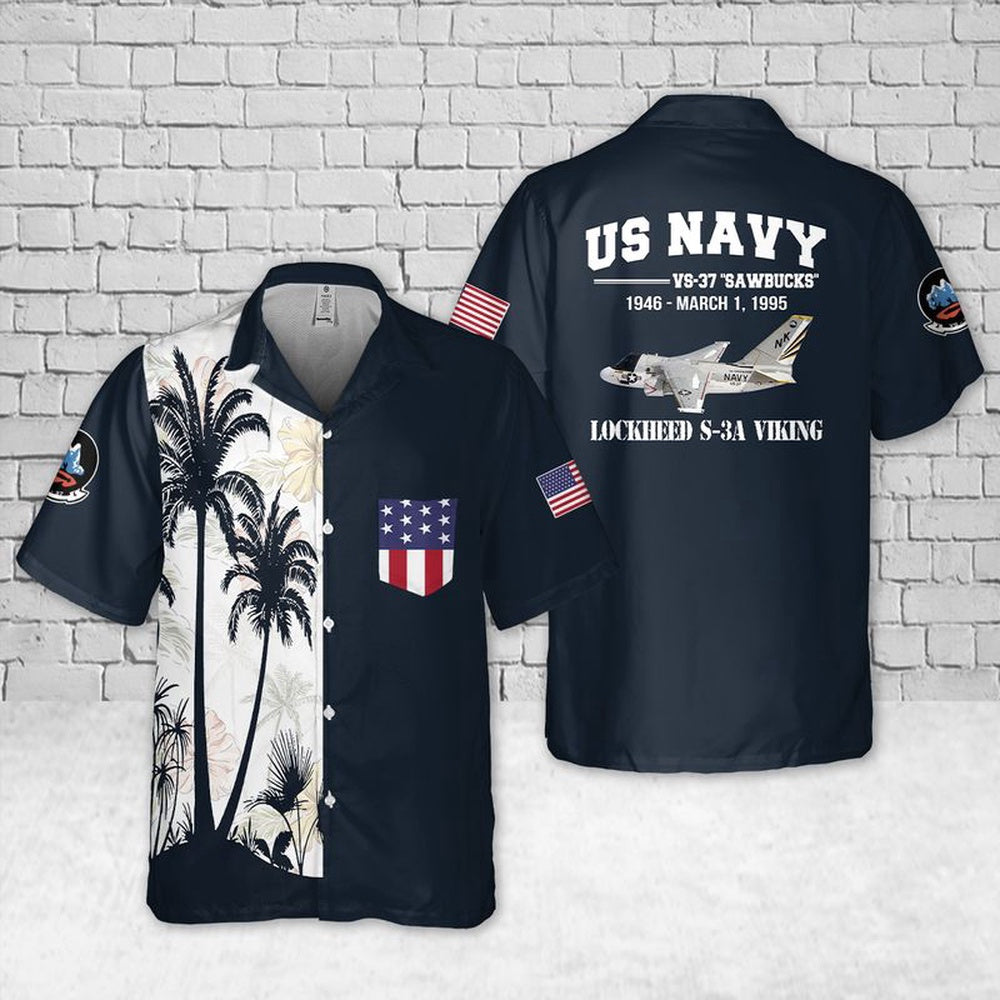 Us Navy Hawaiian Shirt, US Navy Lockheed S-3A Viking Of VS-37 Sawbucks Pocket Hawaiian Shirt, Military Hawaiian Shirt