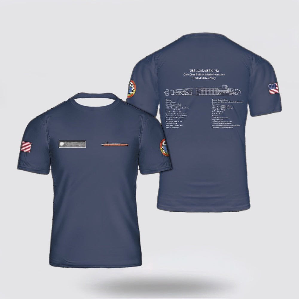 Us Navy T Shirt, Personalized USS Alaska SSBN-732 Ohio Class Submarine 3D T Shirt, Navy Military Shirts