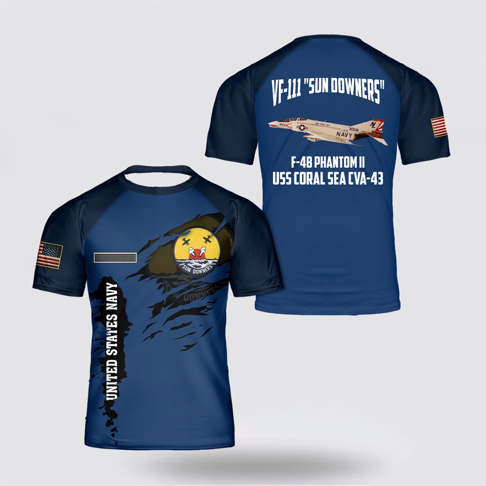 Us Navy T Shirt, Personalized US Navy F-4B Phantom II of VF-111 Sundowners 3D T Shirt, Navy Military Shirts