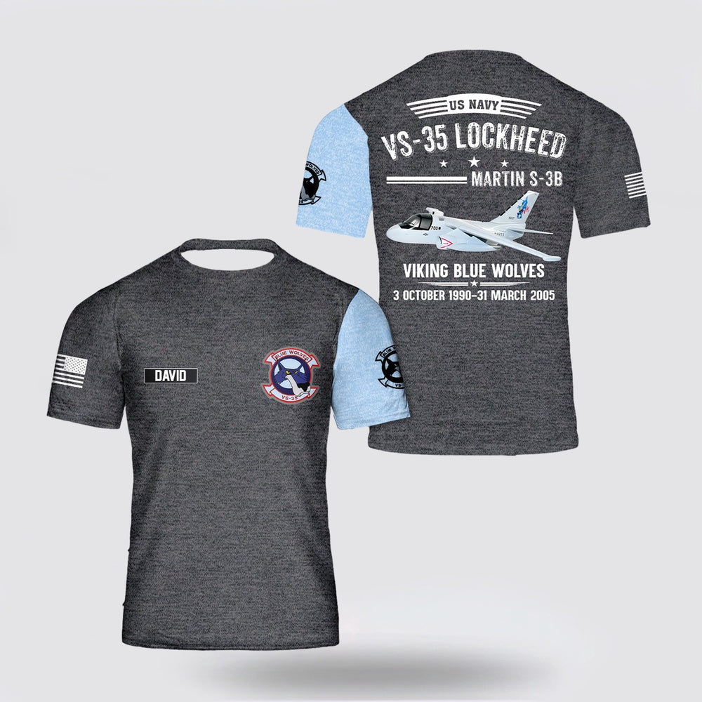 Us Navy T Shirt, Personalized US Navy VS-35 (1990-2005) Lockheed Martin S-3B Viking Blue Wolves 3D T Shirt, Navy Military Shirts