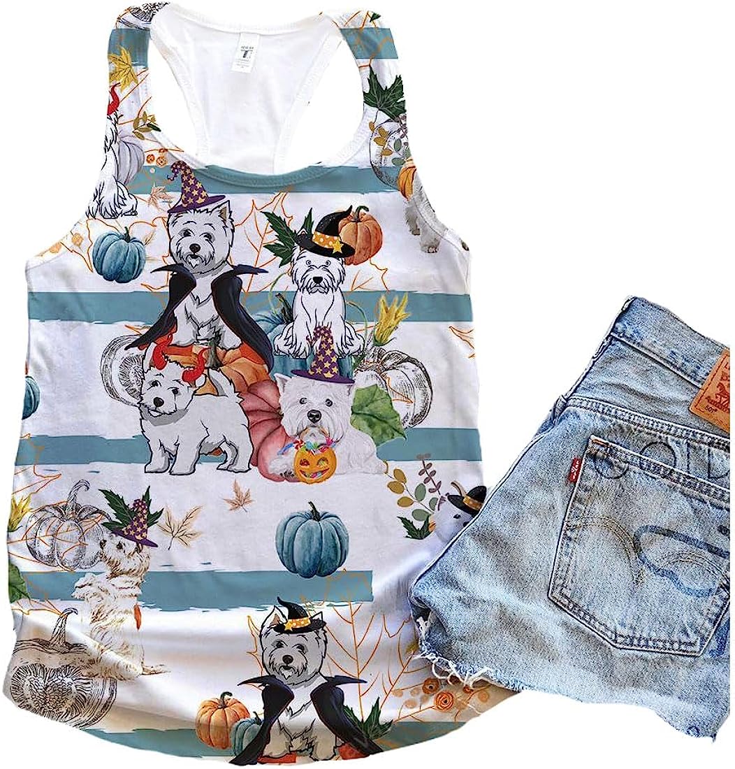 West Highland White Terrier Dog Halloween Pumpkin Retro Tank Top - Summer Casual Tank Tops For Women - Gift For Young Adults
