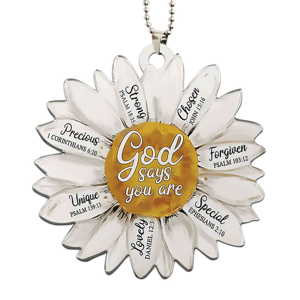 White Daisy Christian Jesus God Say You Are Strong Chosen Car Christmas Ornament, Christmas Ornaments 2023