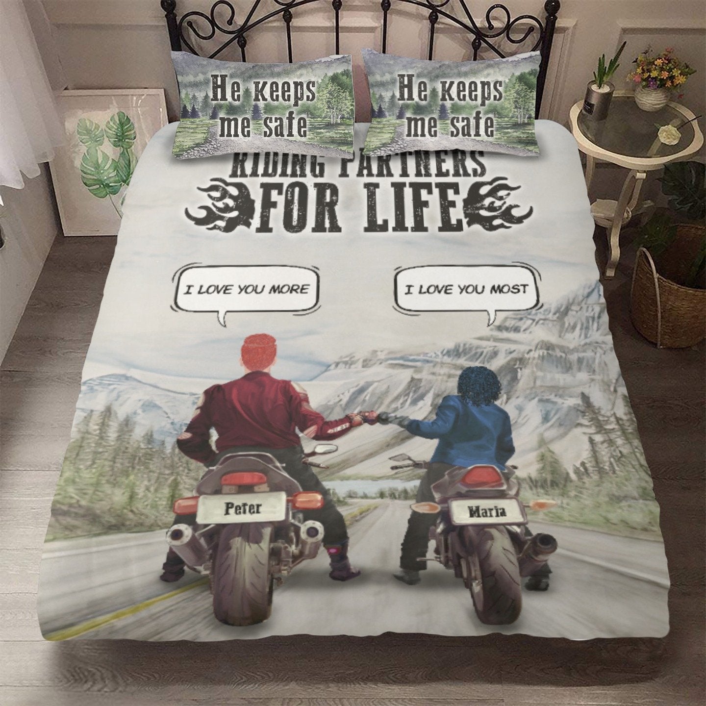 Personalized Bedding set for Couples Anniversary Gift with custom Name/Body/Hair - Riding partners for Life with Conversations - Furlidays