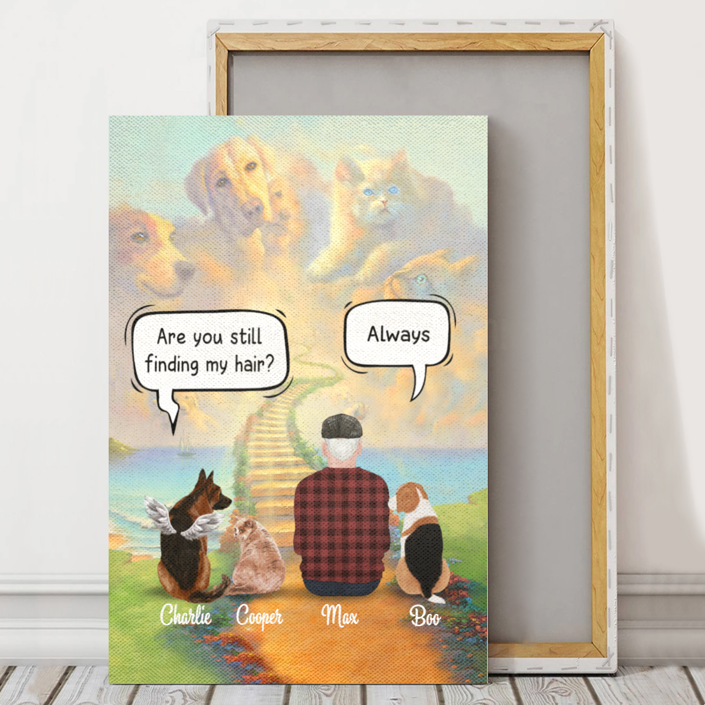 Personalized Canvas/Poster Prints For Friends/Pet Lovers - Unique Gift Custom With Dogs/Cats Breed & Names - Young/Old Man's Conversation with Pets - (Up To 3 Pets/Dogs/Cats)