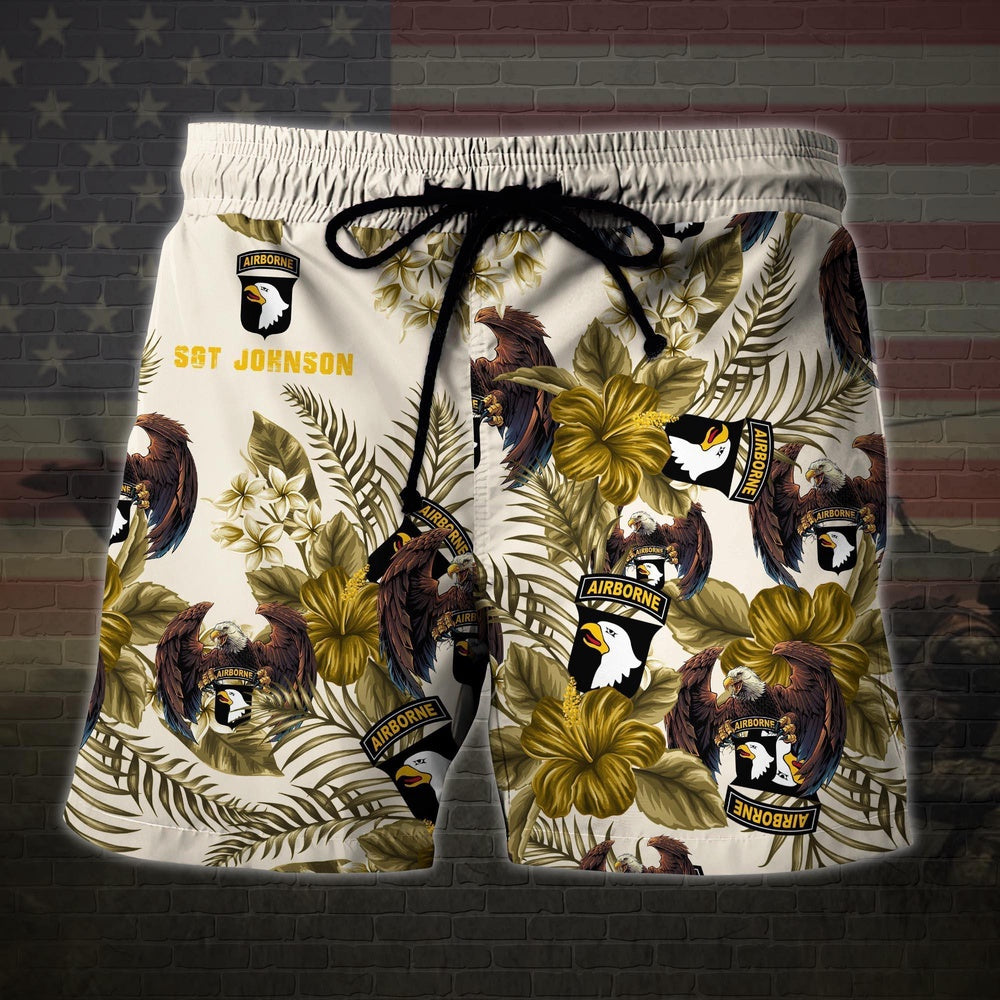 101st Airborne Division Military Veteran Custom Name Hawaiian Short, Men Shorts Custom Shirt, Short Military, Short Beach, Us Military Shorts