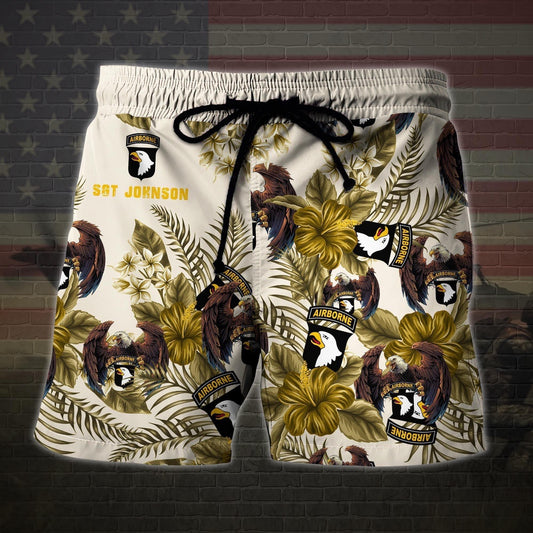 101st Airborne Division Military Veteran Custom Name Hawaiian Short, Men Shorts Custom Shirt, Short Military, Short Beach, Us Military Shorts
