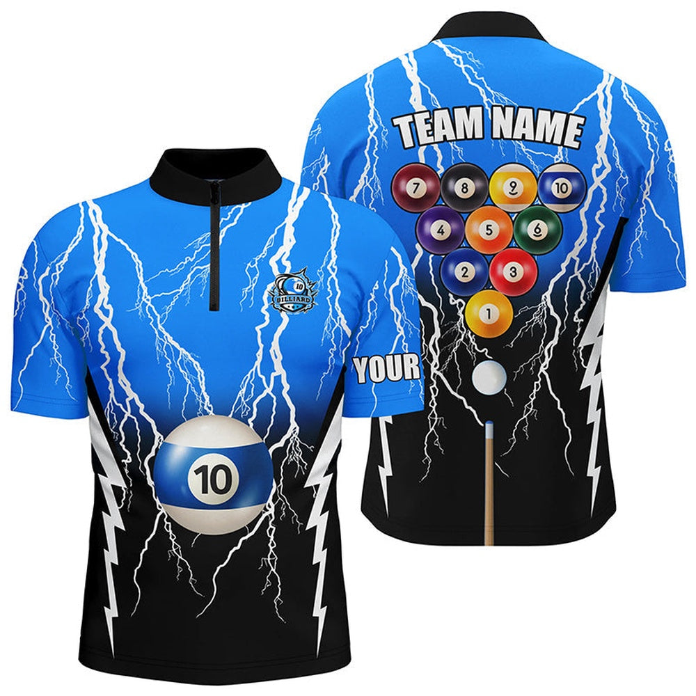 10 Ball Pool Custom Black Blue Thunder Jersey Shirts, Billiards Apparel Clothing, Billiard Team Jersey Shirt