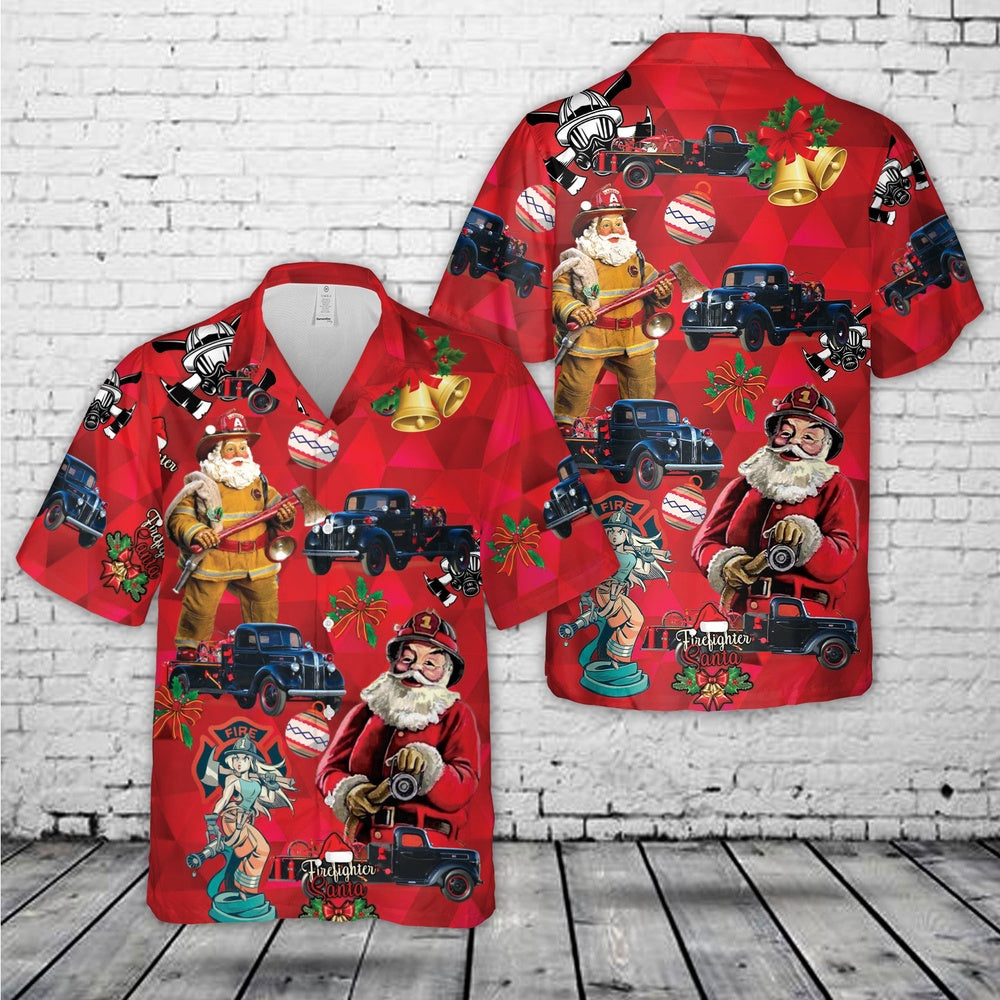 1941 Ford Fire Truck Christmas Hawaiian Shirt, Xmas Hawaiian Shirts, Christmas Aloha Shirts
