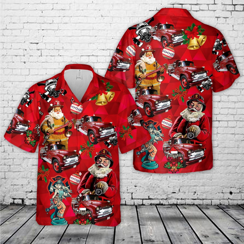 1957 Chevy Fire Truck Hurdy Gurdy Christmas Hawaiian Shirt, Xmas Hawaiian Shirts, Christmas Aloha Shirts