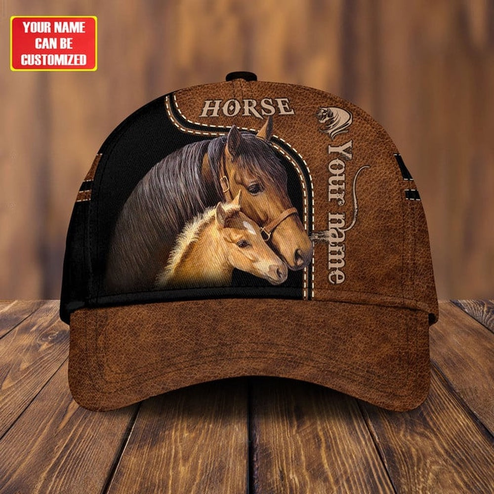 2 Brown Horses Leather Pattern Customized Name Cap, Farmer Cap, Vintage Farmer Hat, Mens Farmer Hats, Cap For Farmers