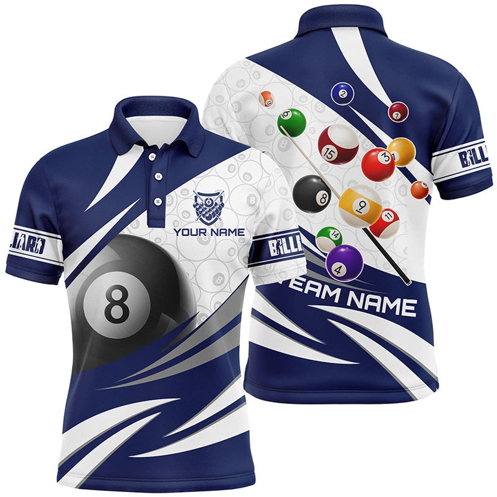 3D 8 Ball Pool Billiard Balls Personalized Billiard Polo Shirts Custom Blue Billiard Polo, Billiard Team Polo Shirts