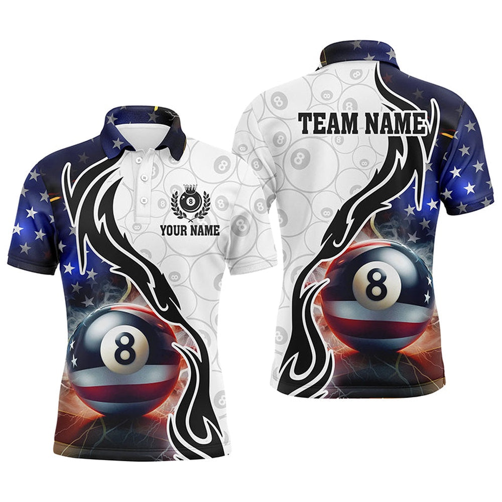 3D 8 Ball Pool Lightning US Flag Personalized Billiard Shirts, Patriotic Shirts For Pooler, Billiard Team Polo Shirts