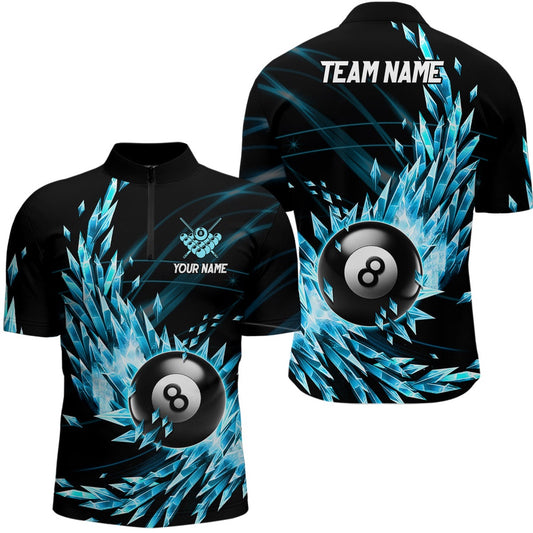 3D Blue Frozen Ice Men Billiard Jerseys Shirts Custom 8 Ball Billiard Attire Jerseys, Billiard Team Jersey Shirt