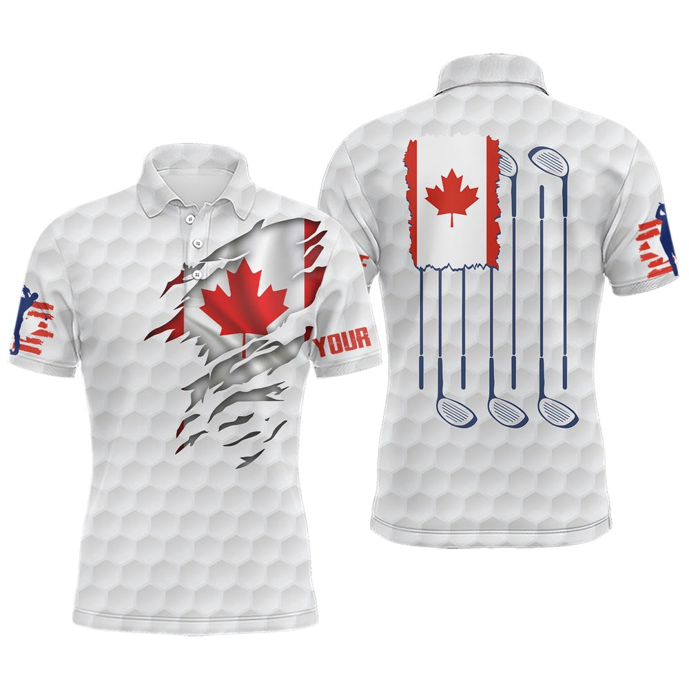 3D Canada Flag Golf Pattern Mens Polo Shirt Red Maple Leaf Golf Tops Patriotic Golf Gifts, Golf Polo Shirts