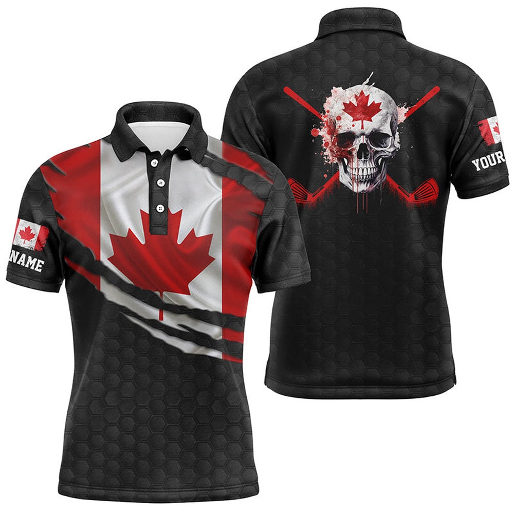 3D Canada Flag Skull Mens Golf Polo Shirts Personalized Patriotic Golf Shirts, Golf Polo Shirts