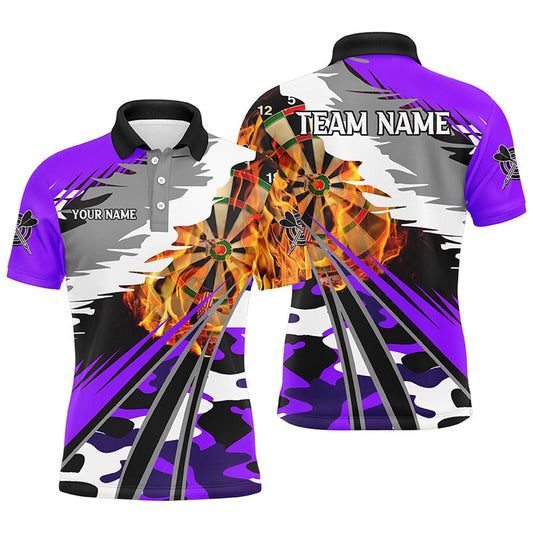 3D Dartboard Fire Men Darts Polo Shirts Custom Camo Purple Darts Team Polo, Darts Team Polo Shirt