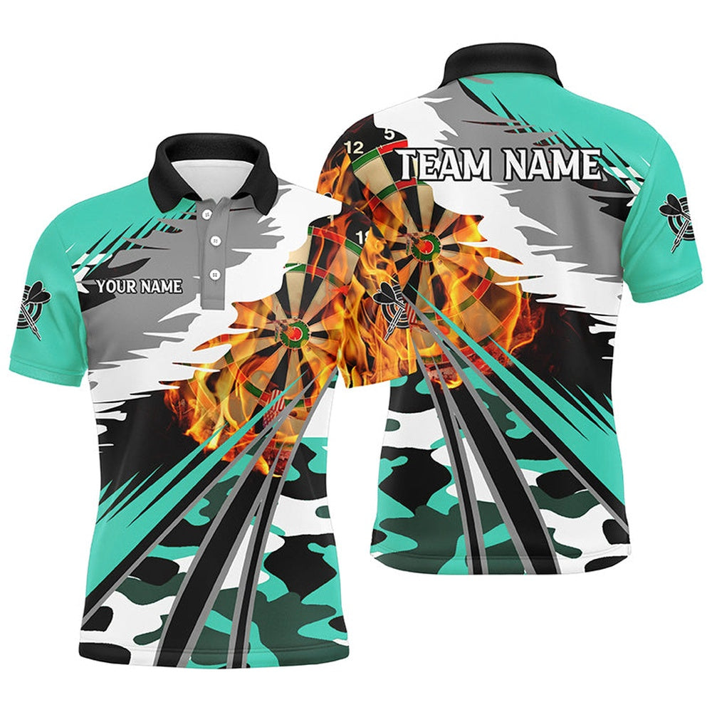 3D Dartboard Fire Men Darts Polo Shirts Custom Camo Turquoise Darts Team Polo, Darts Team Polo Shirt