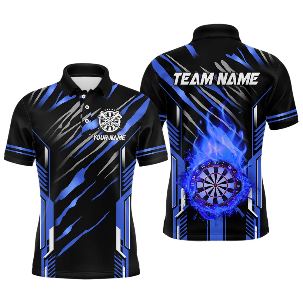 3D Darts Board Fire Flame Custom Dart Shirts For Men, Best Dart League Polo Team Uniform Blue, Darts Team Polo Shirt