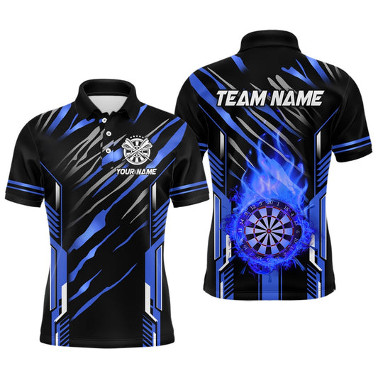 3D Darts Board Fire Flame Custom Dart Shirts For Men, Best Dart League Polo Team Uniform Blue, Darts Team Polo Shirt