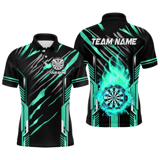 3D Darts Board Fire Flame Custom Dart Shirts For Men, Best Dart League Polo Team Uniform Cyan, Darts Team Polo Shirt