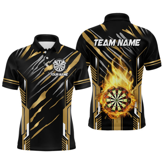 3D Darts Board Fire Flame Custom Dart Shirts For Men, Best Dart League Polo Team Uniform Gold, Darts Team Polo Shirt