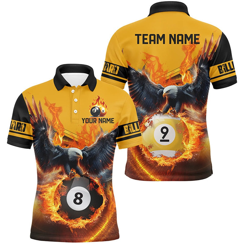 3D Eagle Flying Custom Fire 8 Ball & 9 Ball Billiard Shirts, Best Team Billiard Polo, Billiard Team Polo Shirts