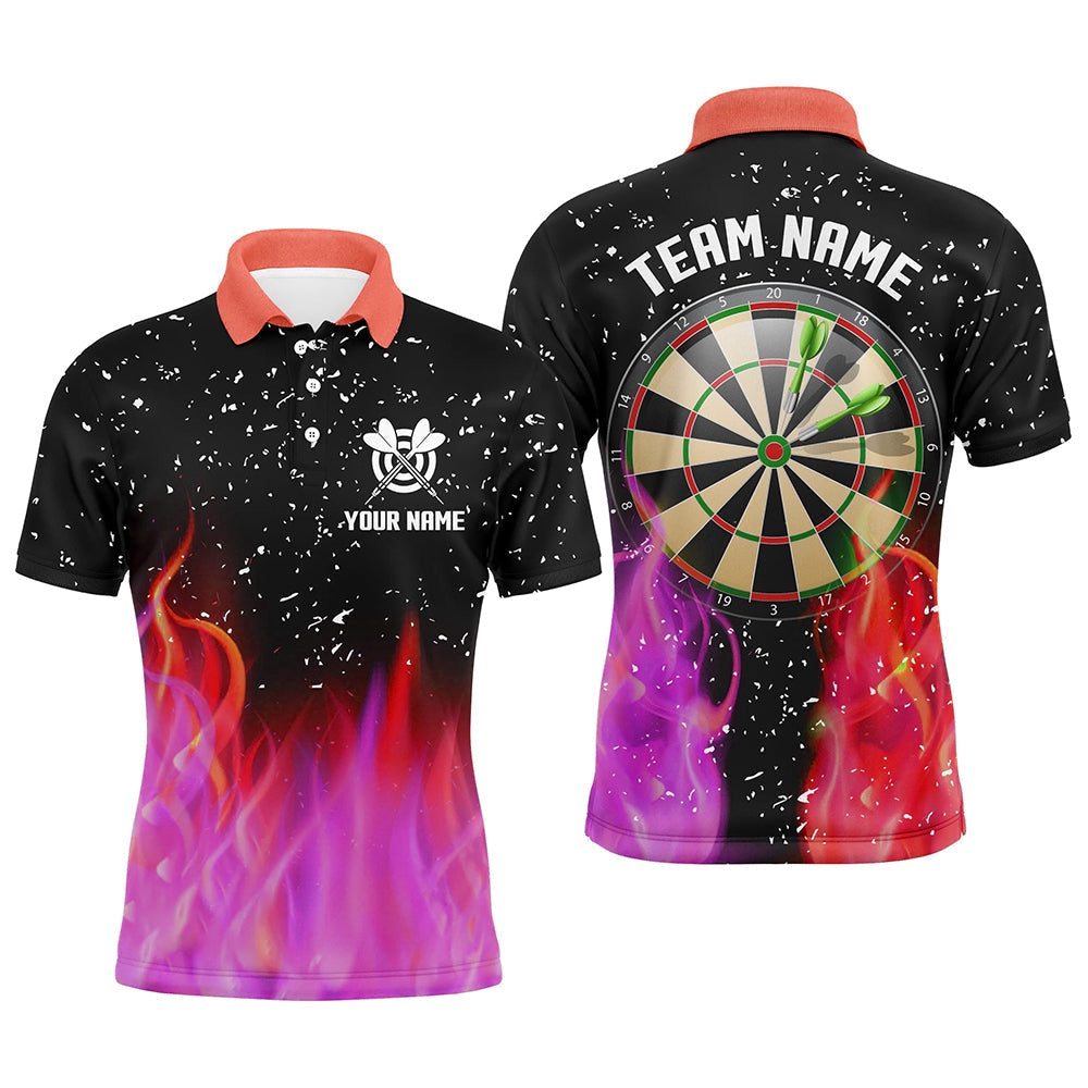 3D Red And Pink Fire Dartboard Men Darts Polo Shirts Custom Dart Shirts For Team Dart Polo, Darts Team Polo Shirt