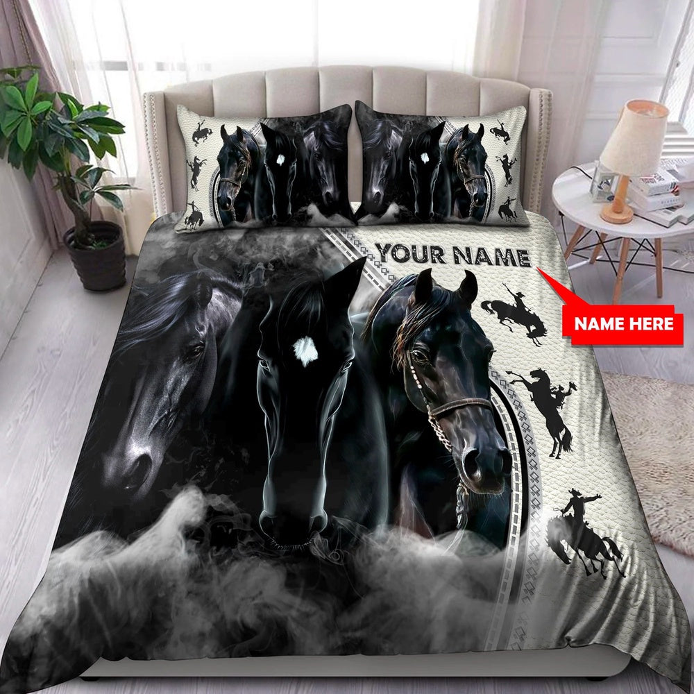 3 Black Horses Custom Name Bedding Set, Farm Bedding Set, Farmhouse Bedding Set