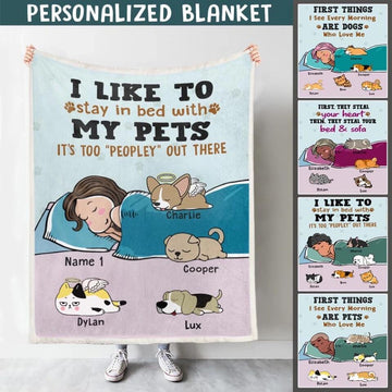 Custom Sherpa Fleece Blanket, Birthday Gift For Men With Personalized Name Dad Pets, Dad With Lazy Pets Blanket