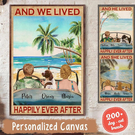 Custom Canvas Prints Poster Printing for Pet Lovers, Vintage Gift with Custom Names Dog Cat Breeds - And she he lived happily ever after