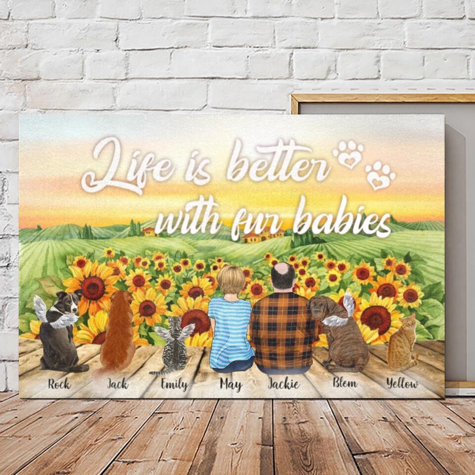 Custom Canvas/Poster Prints for Family/Pet Lovers - Unique Gift Personalized With Dogs/Cats breed & Names - Mom Dad with Pets - Life is better with fur babies - (Up to 5 Dogs/Cats/People) - Furlidays