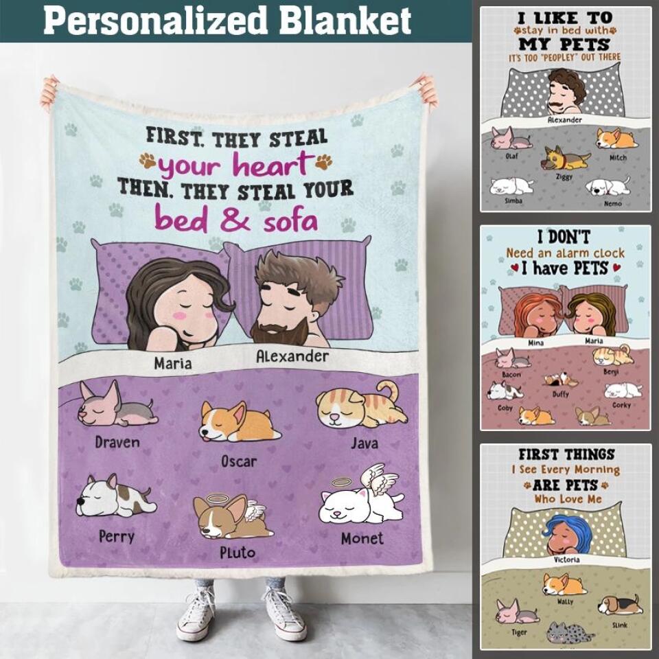 Personalized Blanket For Dog Cat Lovers - Dad & Mom with Lazy Pets  - Choose up to 7 Pets