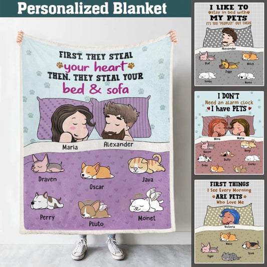 Personalized Blanket For Dog Cat Lovers - Dad & Mom with Lazy Pets  - Choose up to 7 Pets