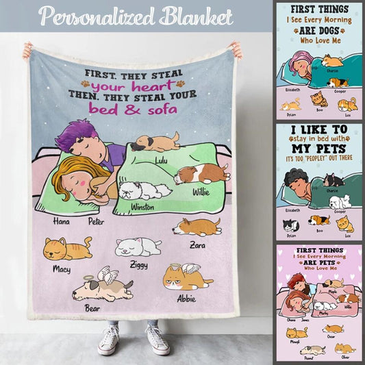 Personalized Blanket for Couple Pet Lovers - Dad & Mom with Lazy Pets - Choose up to 8 Dogs Cats