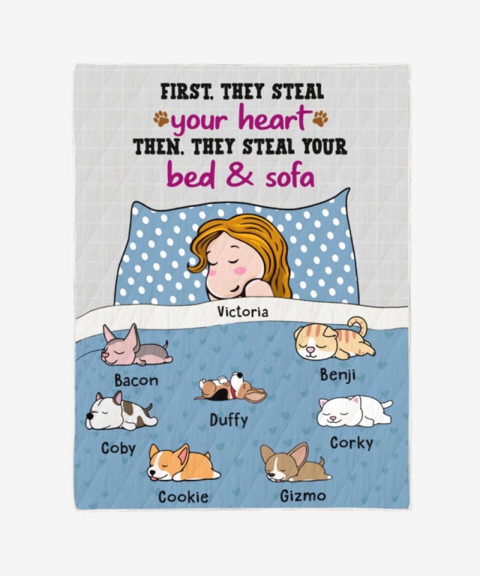 Personalized Blanket for Couples Pet Lovers - Funny Gift with Personalized Name Dad Mom Pets - First They Steal Your Heart  - Up to 7 Pets