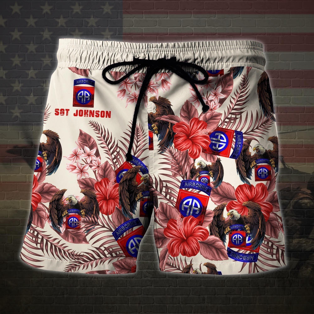 82nd Airborne Military Veteran Custom Name Hawaiian Short, Men Shorts Custom Shirt, Short Military, Short Beach, Us Military Shorts