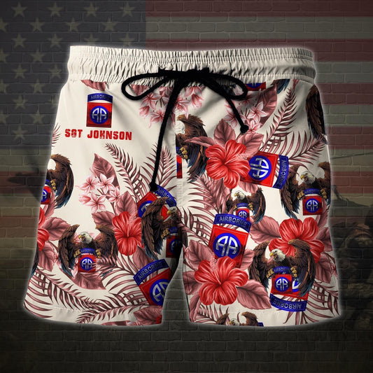 82nd Airborne Military Veteran Custom Name Hawaiian Short, Men Shorts Custom Shirt, Short Military, Short Beach, Us Military Shorts