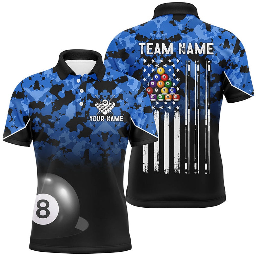 8 Ball Pool Blue Camo Custom Billiard Shirts, Patriotic US Flag Billiard Team Polo, Billiard Team Polo Shirts