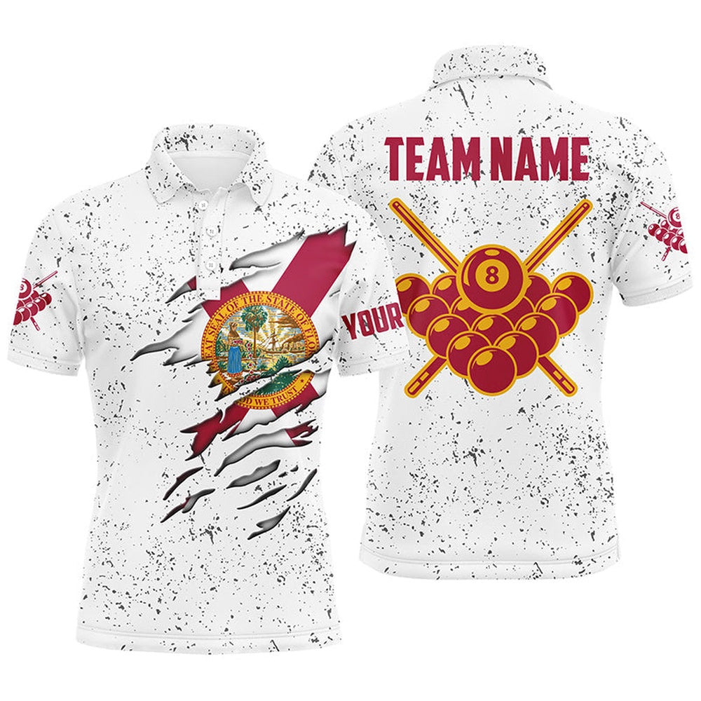 8 Ball Pool Florida Flag Personalized Billiard Men's Shirts Custom 8 Ball Pool Polo Shirts, Billiard Team Polo Shirts