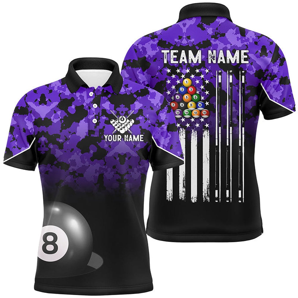 8 Ball Pool Purple Camo Custom Billiard Shirts, Patriotic US Flag Billiard Team Polo, Billiard Team Polo Shirts