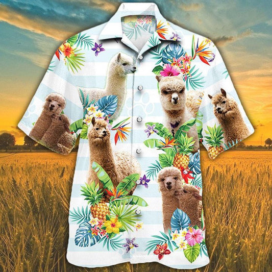 ALPACA Hawaiian Theme Pineapple Tropical Flower Hawaiian Shirt, Farm Hawaiian Shirt, Farmer Hawaii