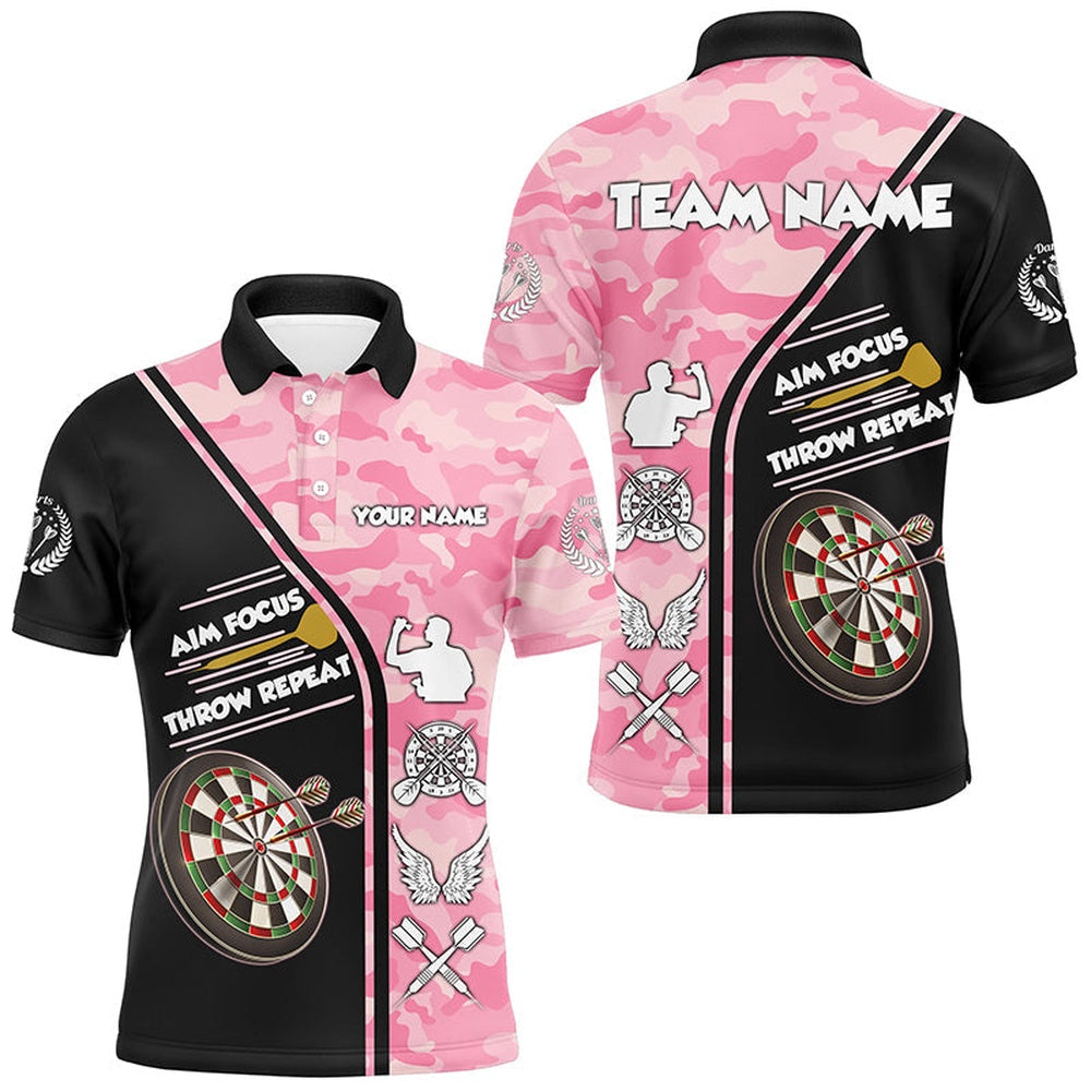 Aim Focus Throw Repeat Custom Pink Camouflage Darts Shirts For Men, Funny Saying Dart Polo, Darts Team Polo Shirt