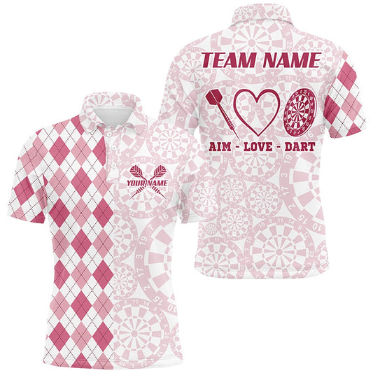 Aim Love Darts Custom Pink Argyle Men Darts Polo & 14 Shirts, Funny Darts Shirts Darts Team Polo, Darts Team Polo Shirt