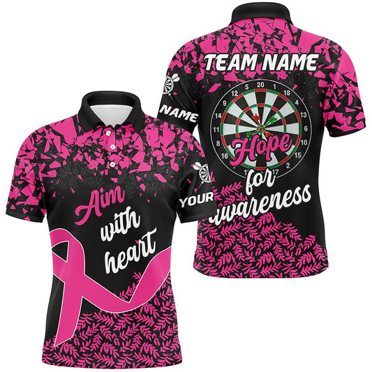 Aim With Heart Hope For Awareness Custom Dart Shirt For Men, Breast Cancer Pink Ribbon Darts Polo, Darts Team Polo Shirt
