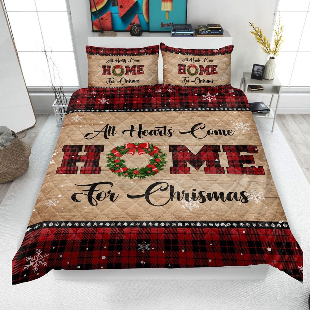 All Hearts Come Home For Christmas Bedding Set & Pillowcases, Red Truck Quilt Bedding Set, Christmas Beddings, Xmas Bedding Sets