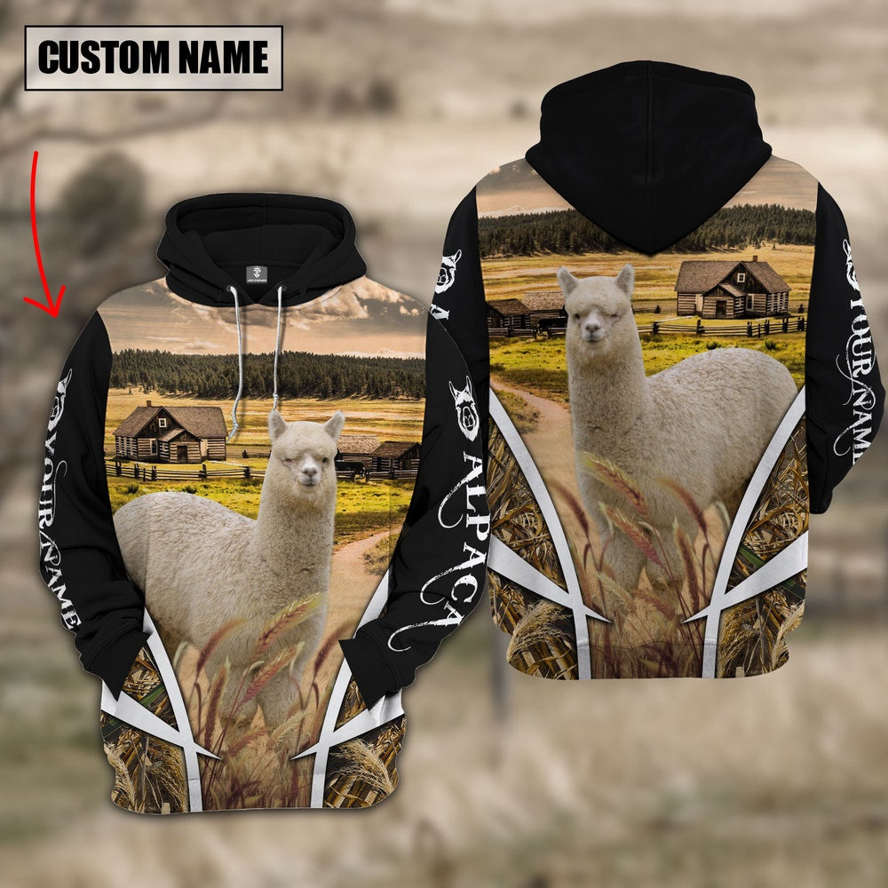 Alpaca Custom Name Meadow Pattern Black Hoodie, Farmer Hoodie, Custom Farm Shirts, Farmer T Shirt