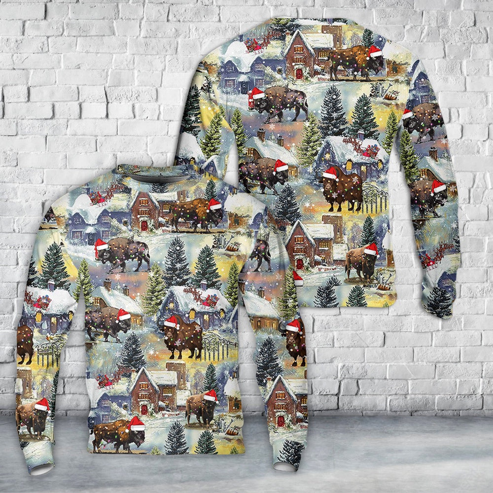 American Bison Buffalo Christmas AOP Sweater, Christmas Ugly Sweater, Sweater Xmas, Ugly Sweater